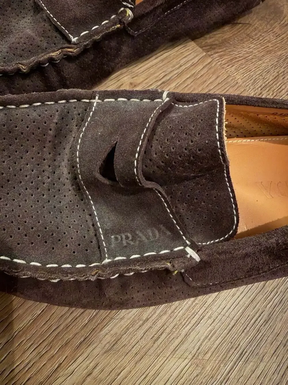 Prada Men's Brown Suede Perforated Penny Loafers Size 45
